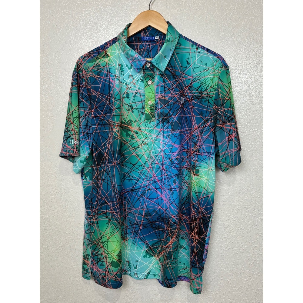 Hreski Mens Golf Polo Shirt Large Teal Green Abstract Geometric Performance L